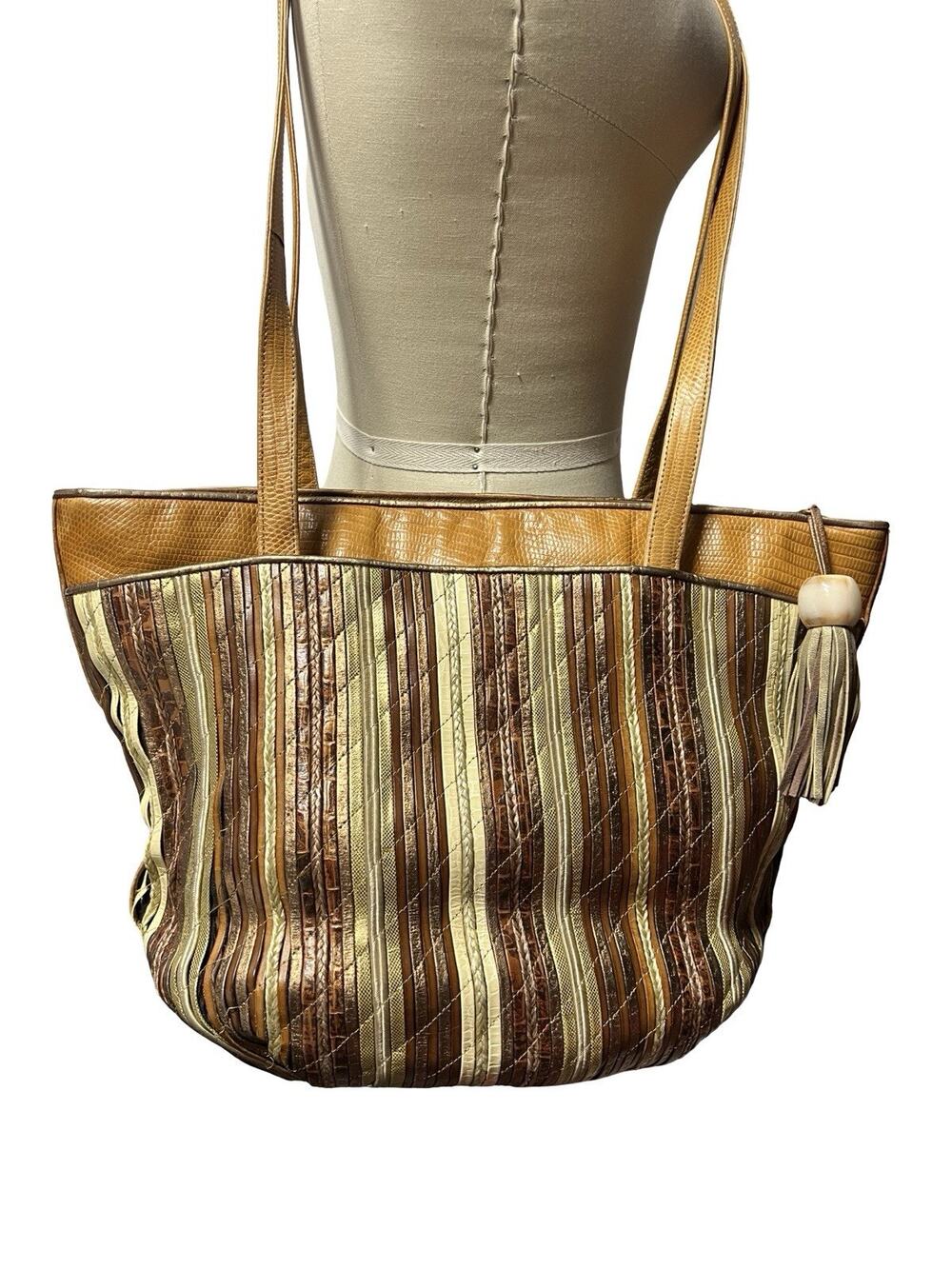 Vintage Sharif Striped patchwork Strips Sewn Large Leather Handbag Tote Purse
